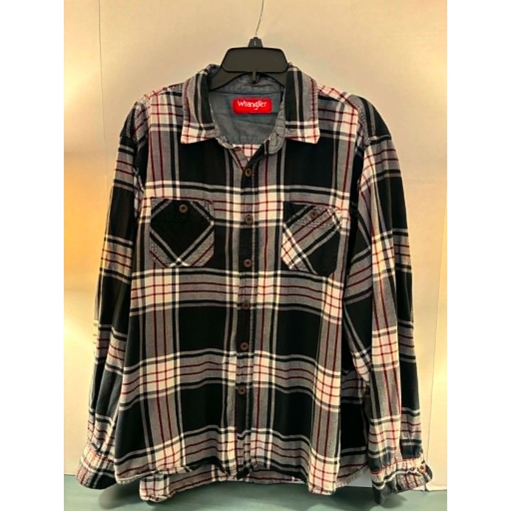 Wrangler Mens 2XL Black White Red Plaid Long Sleeve Button Down Cotton Shirt